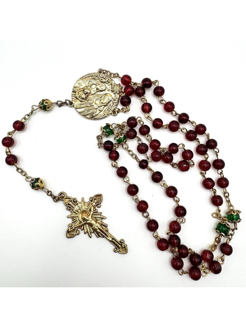America Needs Fatima Christmas Rosary Holy Family Red Green Bead Gold Tone Jesus